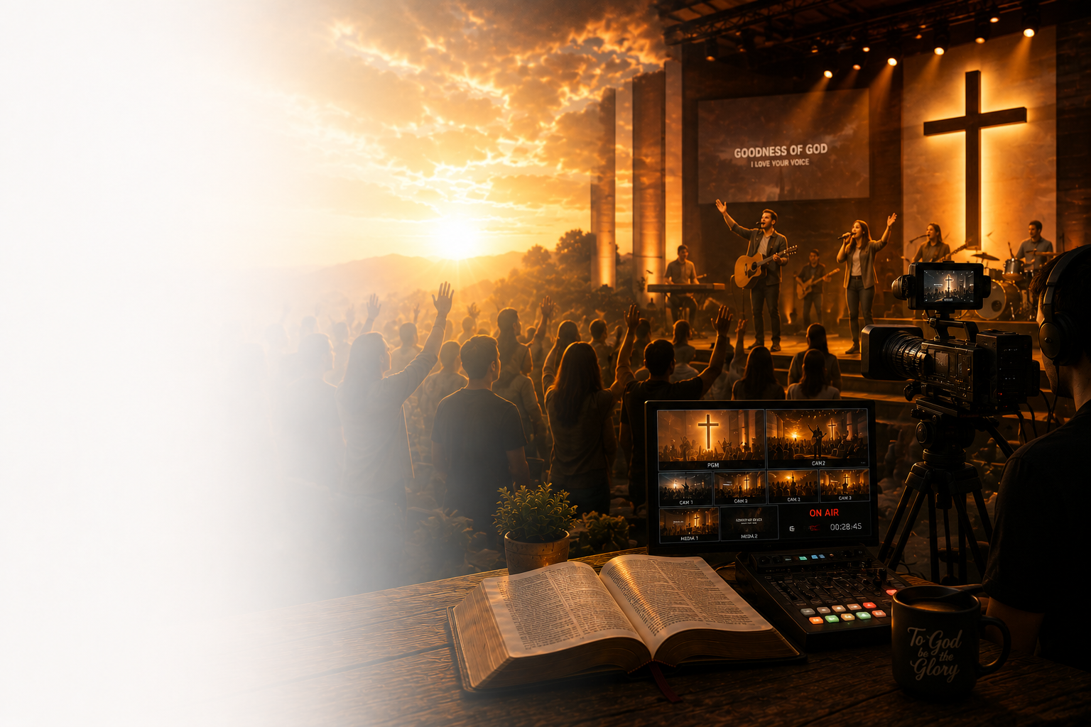 Church media team livestreaming and filming ministry — the Gospel shared through modern media