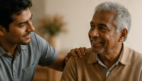 A younger man encouraging an older man with warmth and care